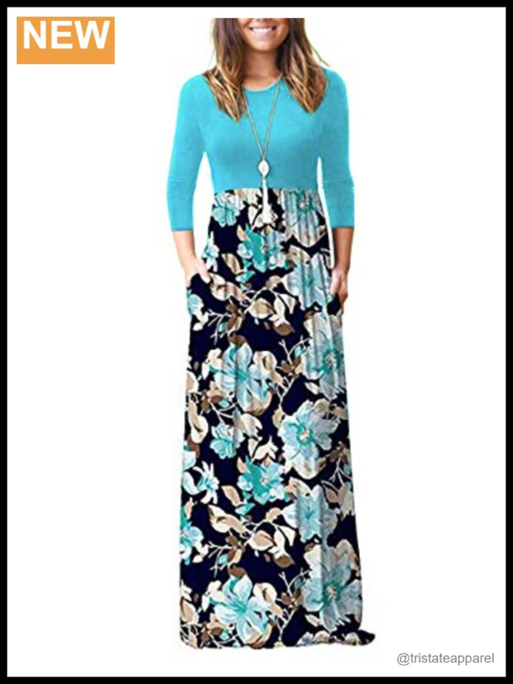 Women's 3/4 Sleeve Maxi Dress with Pockets Loose Casual Long